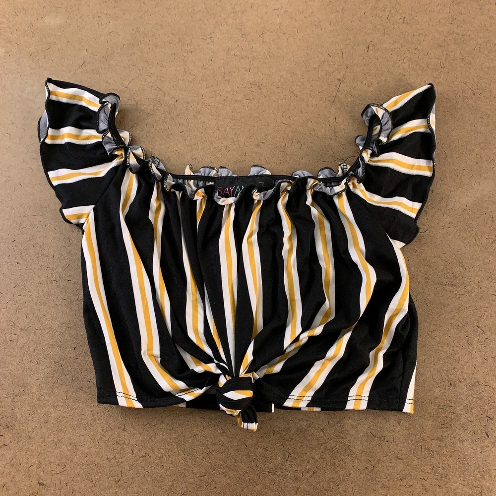 Say Anything Juniors Size Large Black Gold Striped Off The Shoulder Crop Top New